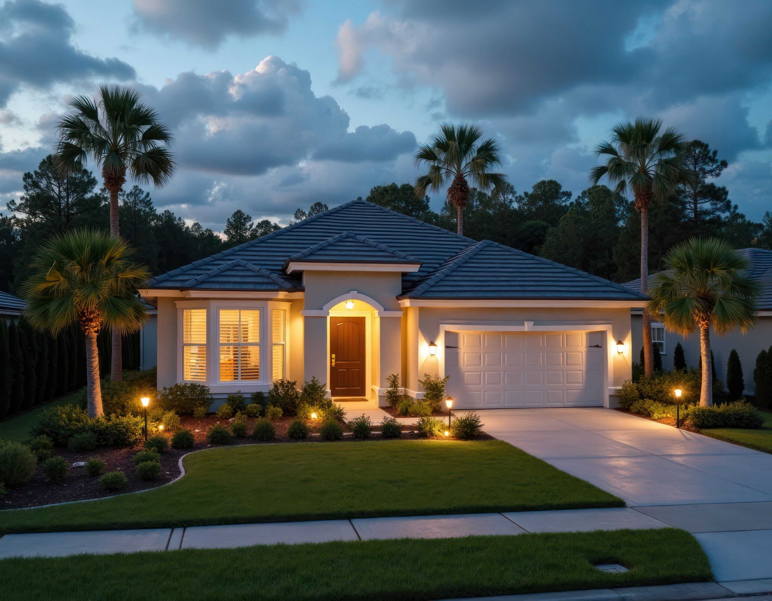 Florida home at twilight. Nice house with landscaping. Palm trees surround property. Exterior lighting brightens entrance. Residential area. Evening time. Suburban neighborhood. Peaceful scene