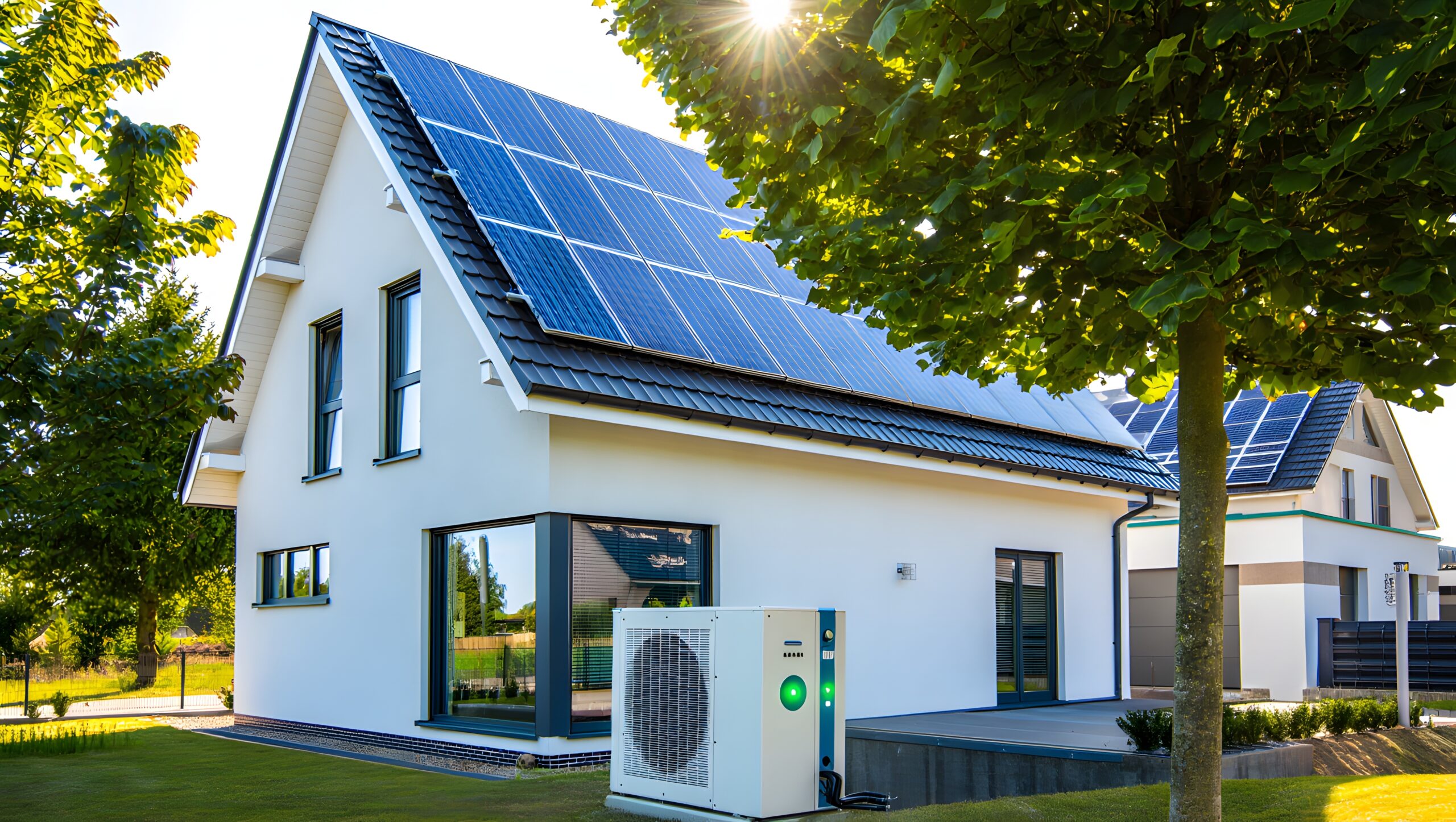 Modern white house with solar panels on the roof and an outdoor heat pump unit