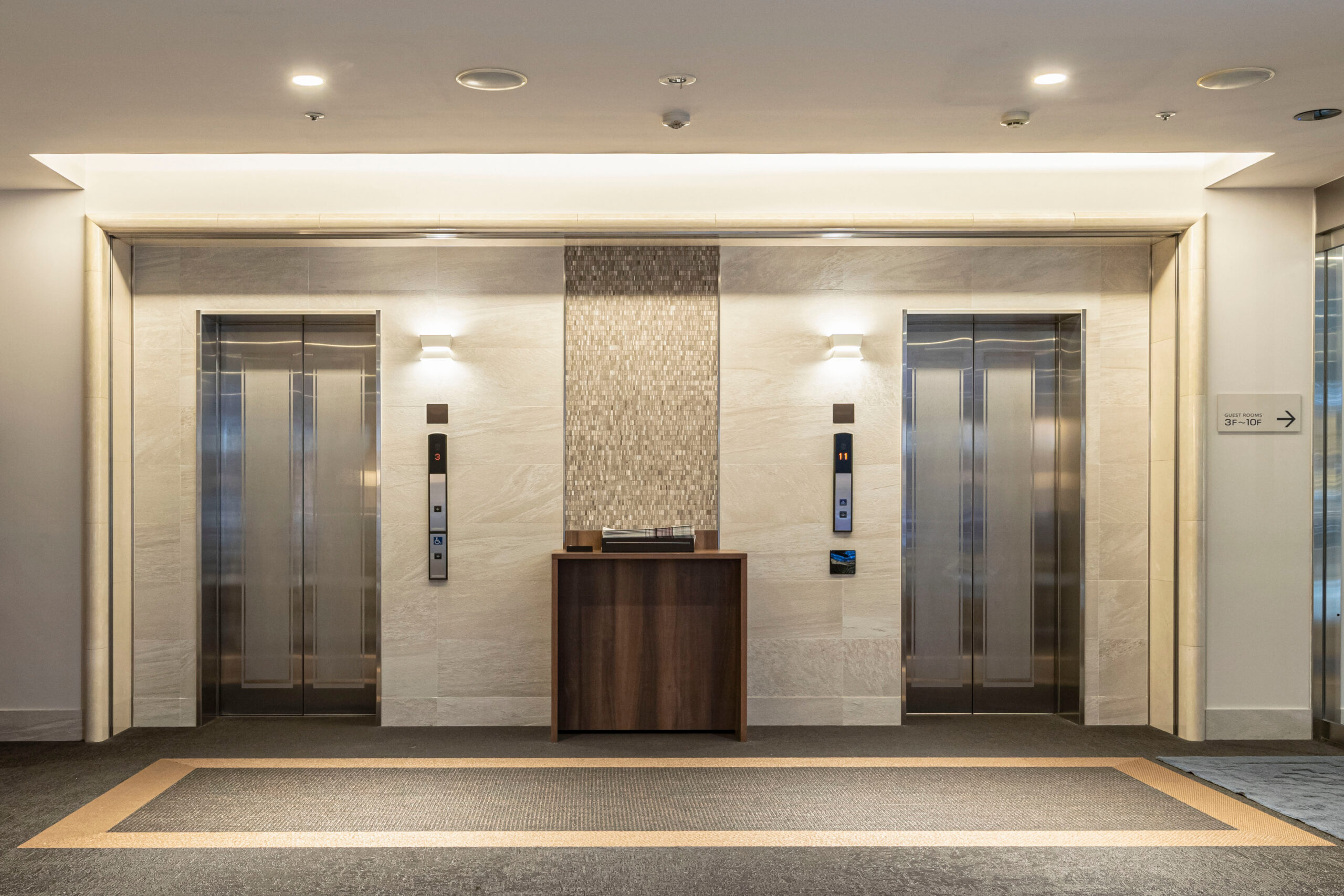 Office interior, hall with two elevators