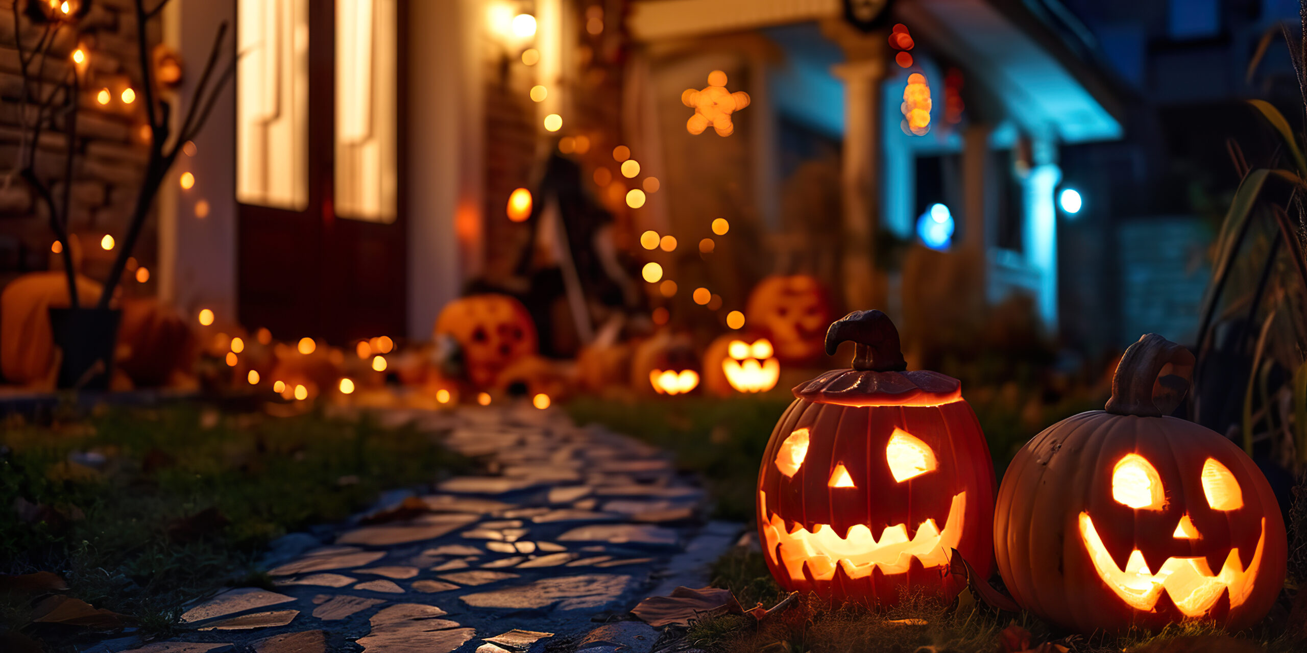 Halloween pumpkins and decorations outside a home