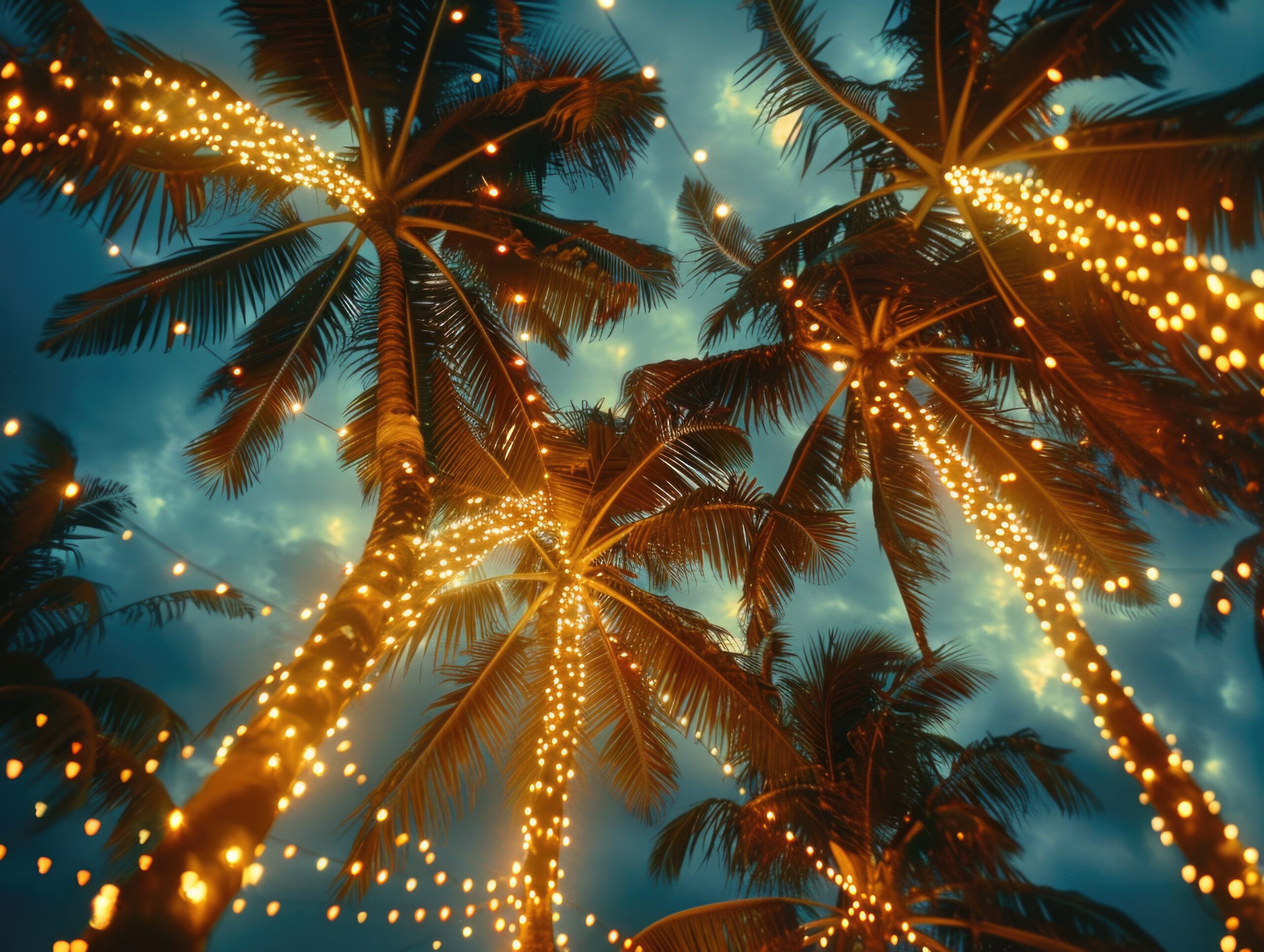 Decorated palm trees lit up at night, ideal for holiday or tropical themed visuals
