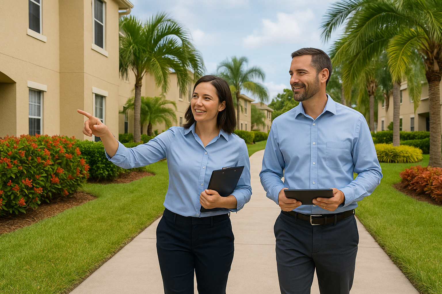 Community Association Manager and Property Manager walking through a landscaped Florida residential community, discussing property maintenance tasks.