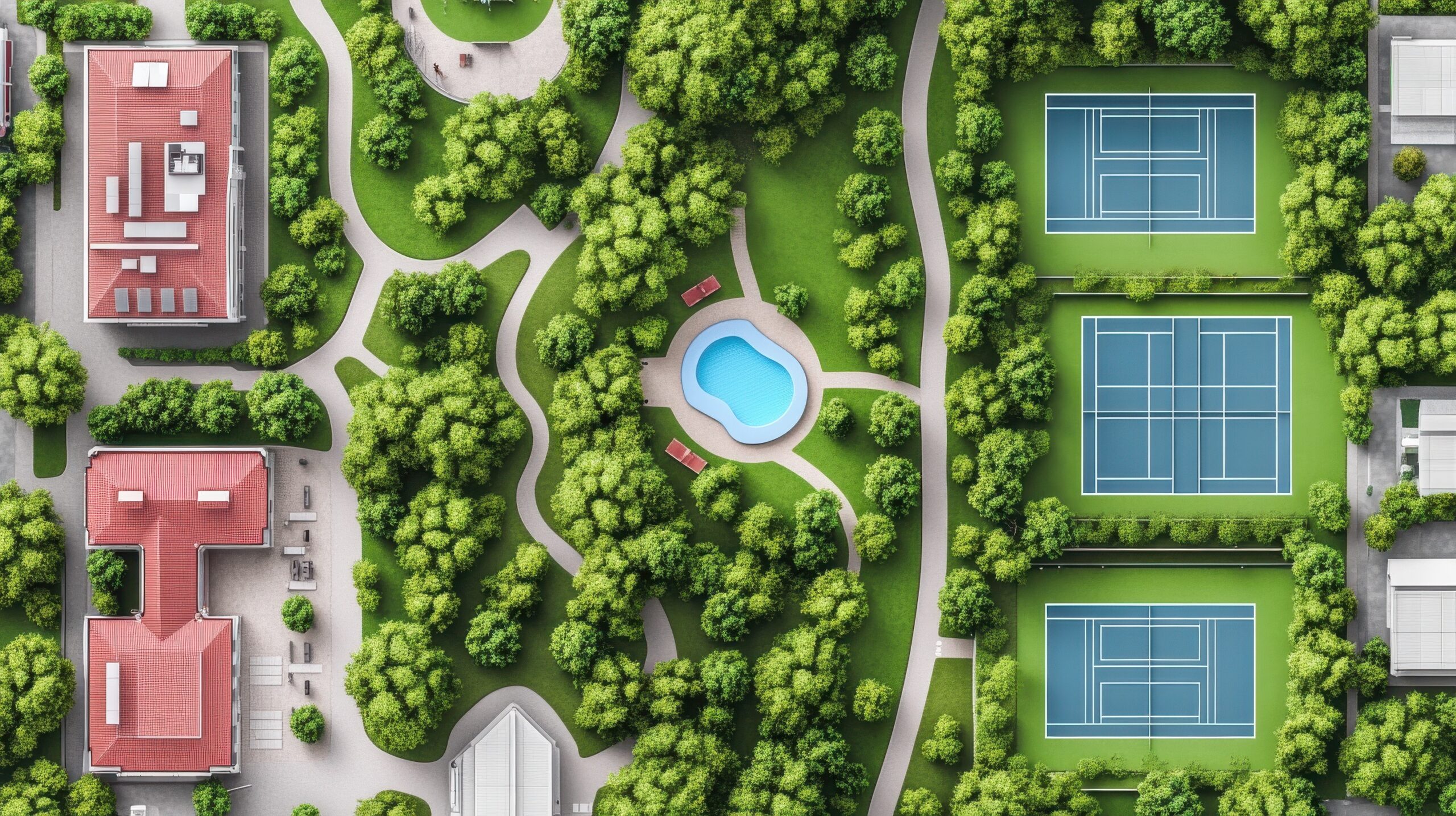 Aerial View Blueprint of a Park with Swimming Pool. Tennis Courts