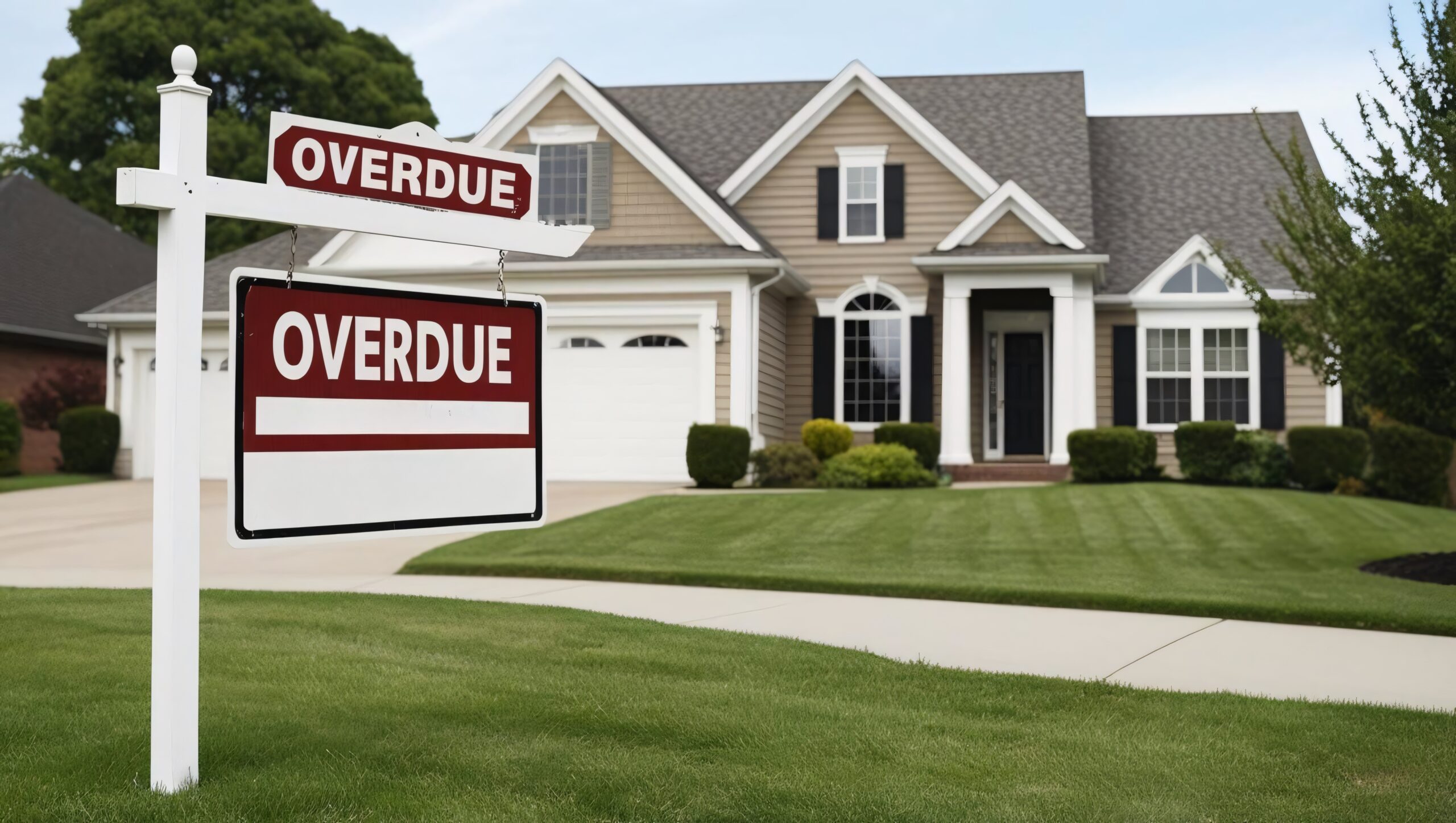 Real estate sign in front of a house for sale with a lawn and sky in the background