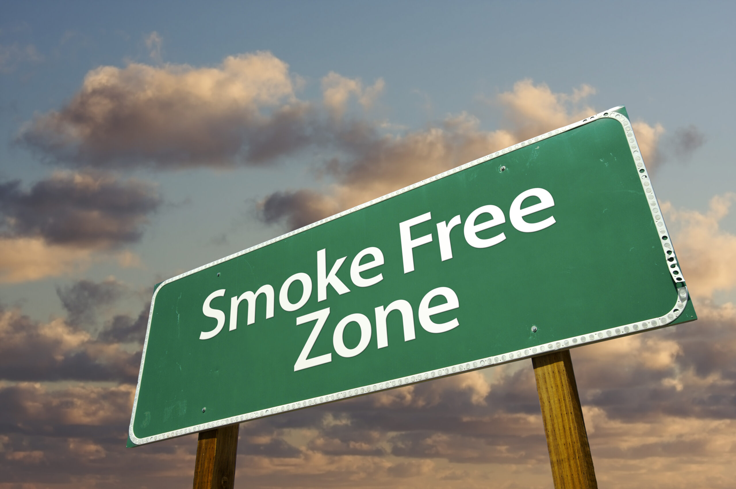 Smoke Free Zone Green Road Sign In Front of Dramatic Clouds and Sky