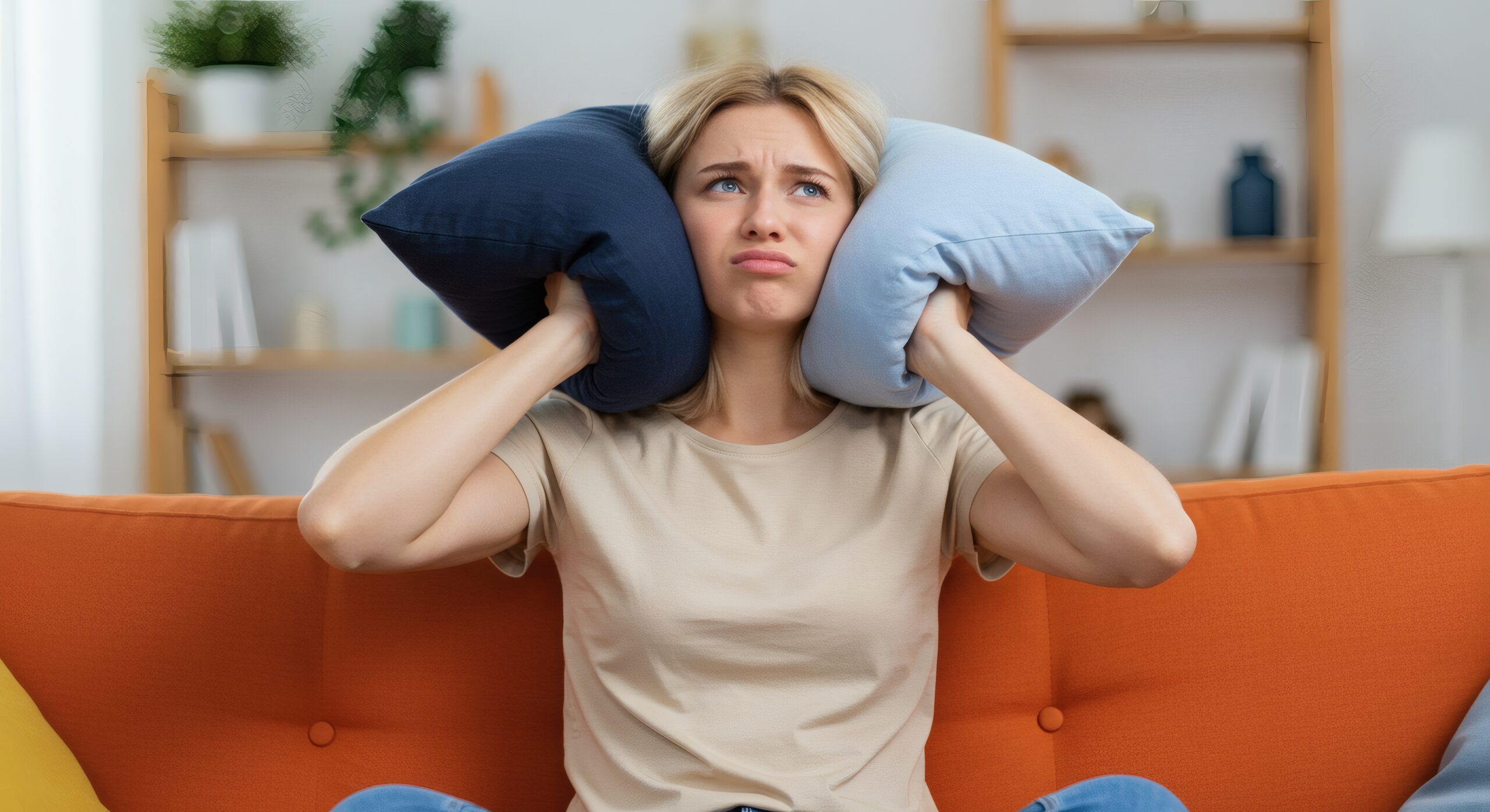 Noise complaint Annoyed woman blocking ears with pillows on a couch