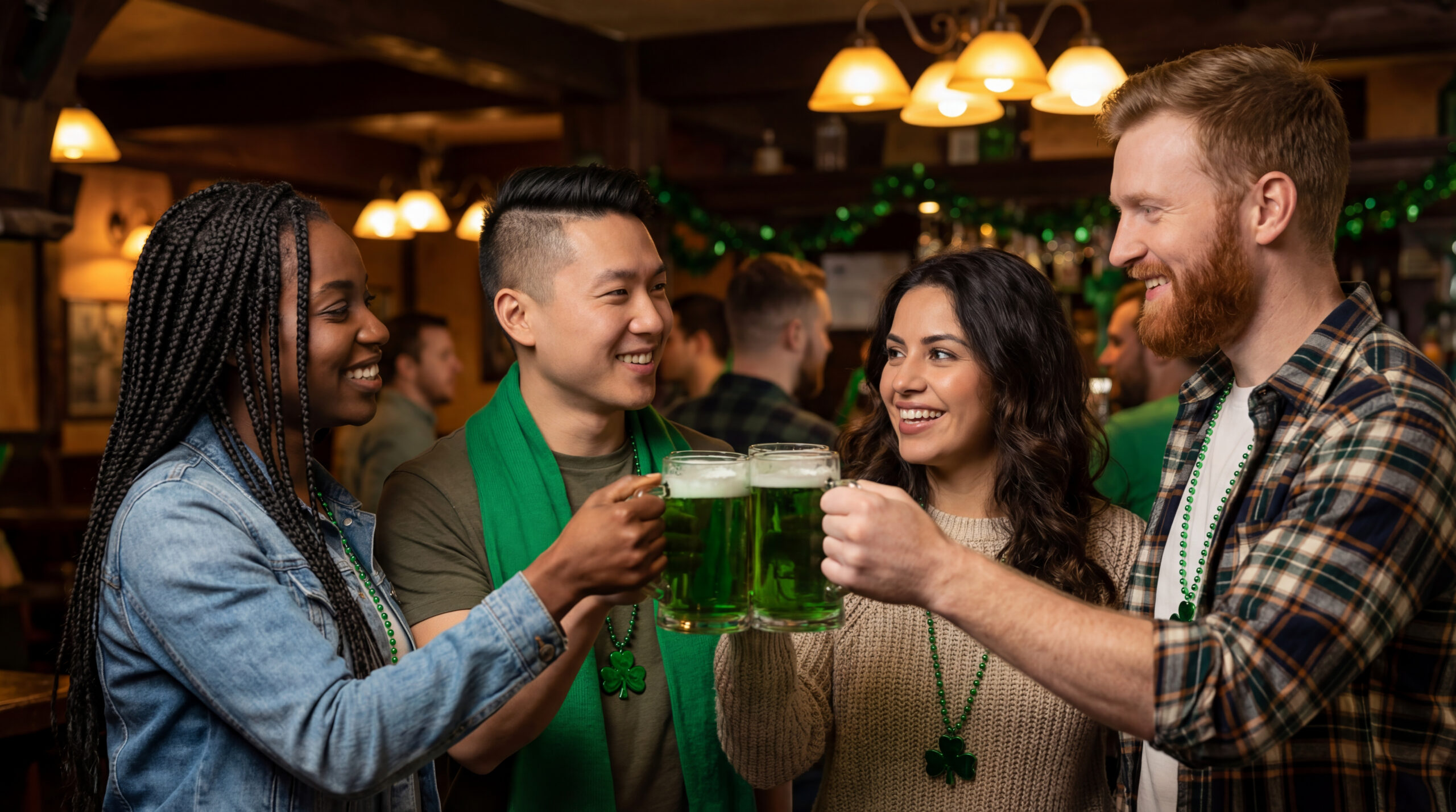 Diverse friends are toasting green beer, celebrating st